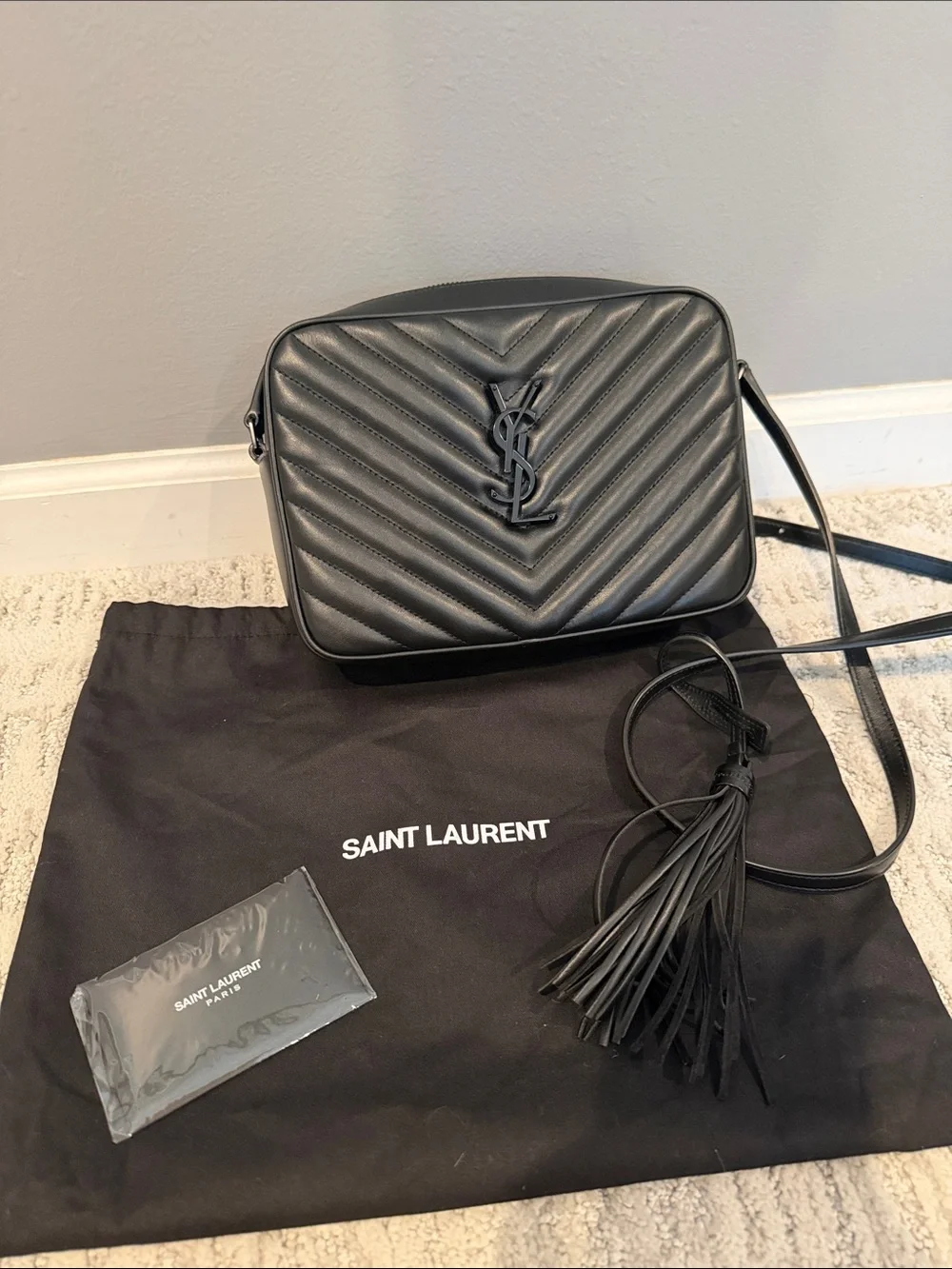 Saint Laurent Black Quilted Leather Camera Crossbody with Tassel (NEVER USED)